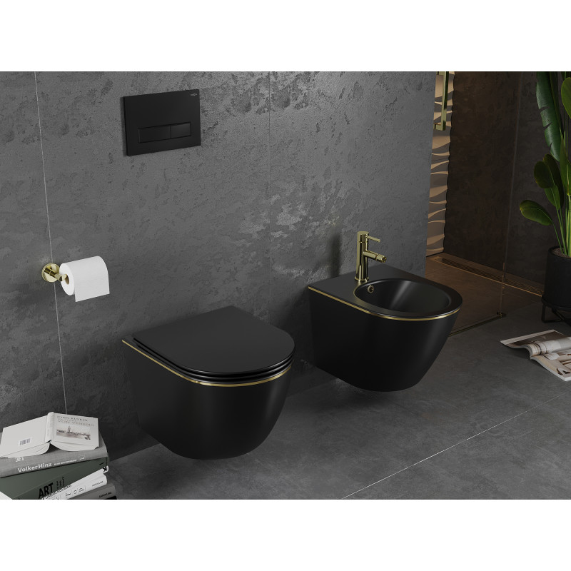 Mexen Lena Rimless WC csésze lassan csukódó, vékony duroplast üléssel, fekete matt/arany vonal - 30224075