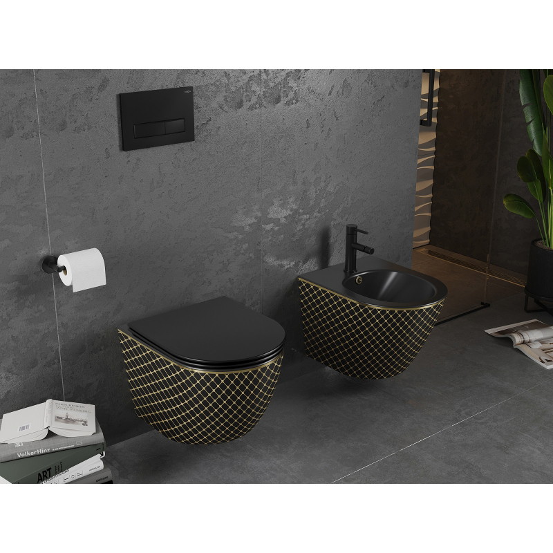 Mexen Lena vas de toaletă WC Rimless cu capac cu cădere lentă slim, duroplast, negru mat/model cu carouri aurii - 30224079