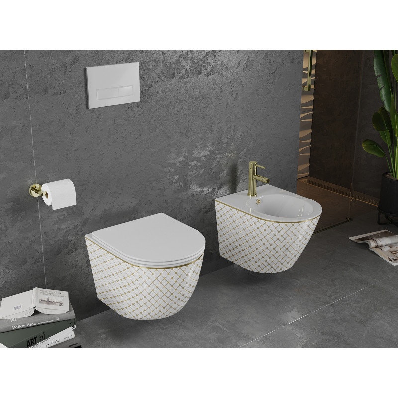 Mexen Lena Rimless WC csésze lassan záródó slim duroplaszt üléssel, fehér/arany rácsos minta - 30224009