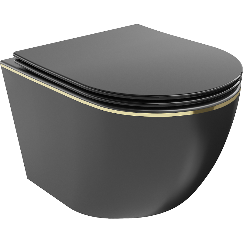 Mexen Lena Rimless WC csésze lassan csukódó, vékony duroplast üléssel, fekete matt/arany vonal - 30224075