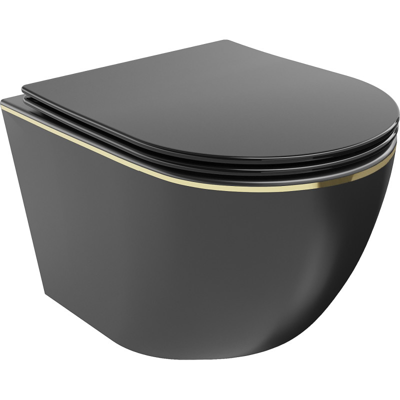 Mexen Lena Rimless WC csésze lassan záródó slim duroplast ülőkével, fekete matt/arany vonal - 30224075