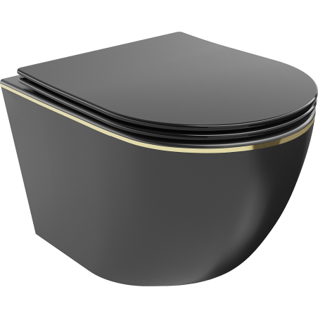 Mexen Lena vas WC rimless cu capac cu închidere lentă slim, duroplast, negru mat/linie aurie - 30224075