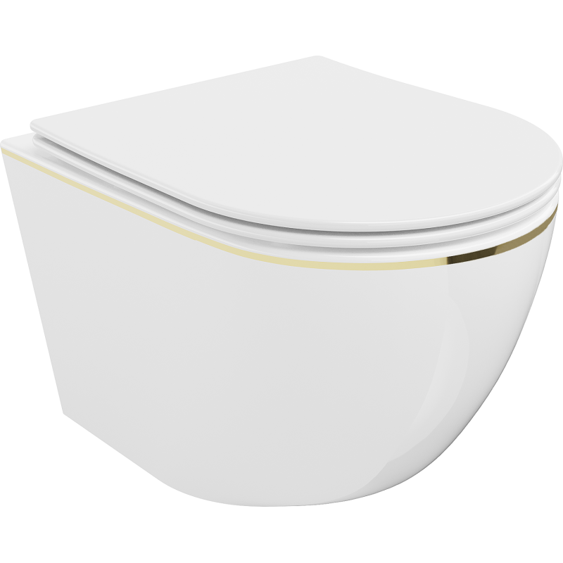 Mexen Lena Rimless WC csésze lassan záródó slim duroplast üléssel, fehér/arany vonal - 30224005