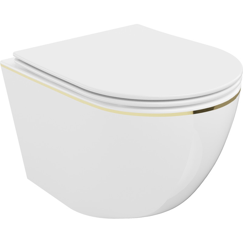 Mexen Lena toaletă WC fără margini cu scaun cu închidere lentă, subțire, duroplast, albă/linie aurie - 30224005