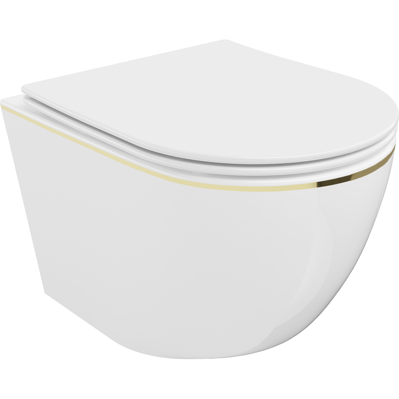 Mexen Lena vas wc Rimless cu capac slim cu închidere lentă, duroplast, alb/linie aurie - 30224005