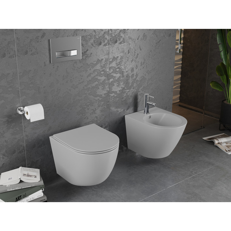 Mexen Lena Rimless WC-csésze lassan záródó slim duroplast ülőkével, világos szürke matt - 30224061