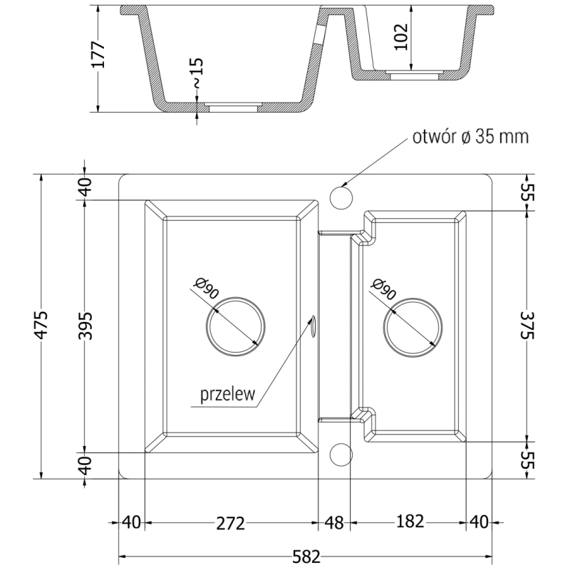 Mexen Carlos 1,5 rekeszes gránit mosogató 582 x 475 mm, fekete, arany szifon - 6518581500-77-G