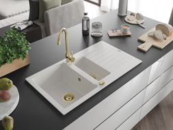 Mexen Matias chiuvetă de granit cu 1,5 compartiment cu picurător 900 x 505 mm, Albă, sifon Auriu - 6502901505-20-G