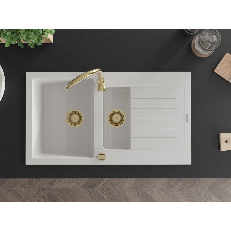 Mexen Matias 1,5 kamrás gránit mosogató csepegtetővel 900 x 505 mm, fehér, arany szifon - 6502901505-20-G