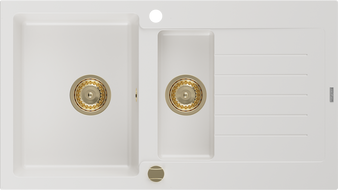 Mexen Matias chiuvetă de bucătărie din granit cu 1,5 camere și scurgător 900 x 505 mm, alb, sifon auriu - 6502901505-20-G