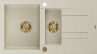 Mexen Matias chiuvetă de bucătărie din granit, cu 1,5 camere și scurgător, 900 x 505 mm, bej, sifon auriu - 6502901505-69-G