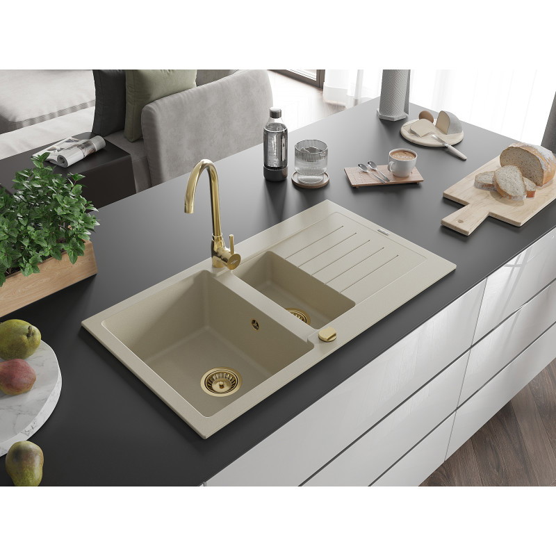 Mexen Matias chiuvetă de granit cu 1,5 compartimente cu scurgător 900 x 505 mm, bej, sifon auriu - 6502901505-69-G