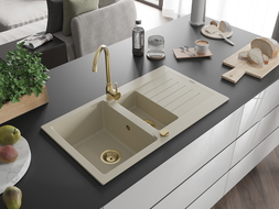 Mexen Matias chiuvetă de granit cu 1,5 compartiment cu picurător 900 x 505 mm, Bej, sifon Auriu - 6502901505-69-G