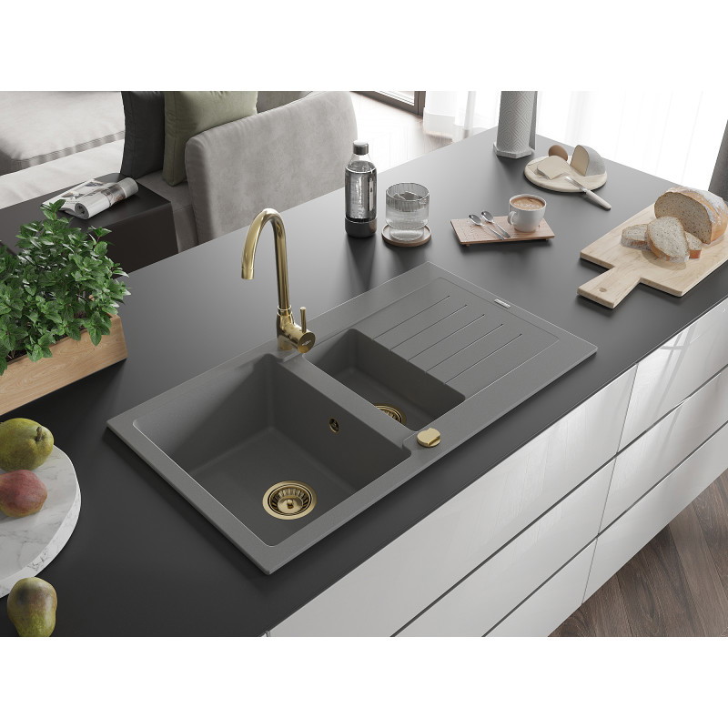 Mexen Matias chiuvetă din granit cu scurgător 1,5 cuve 900 x 505 mm, gri, sifon auriu - 6502901505-71-G