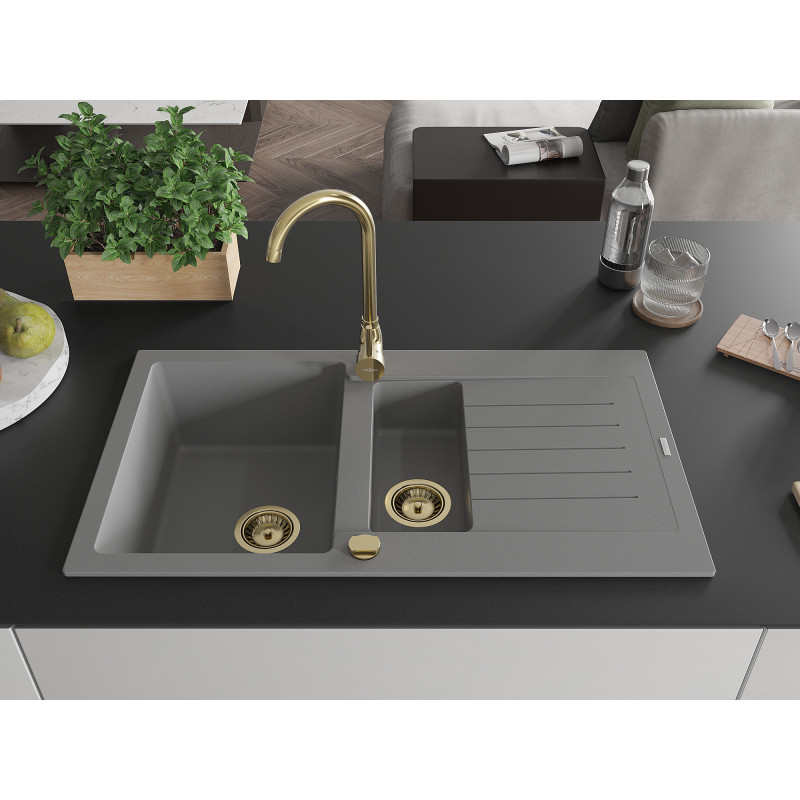 Mexen Matias chiuvetă din granit cu scurgător 1,5 cuve 900 x 505 mm, gri, sifon auriu - 6502901505-71-G