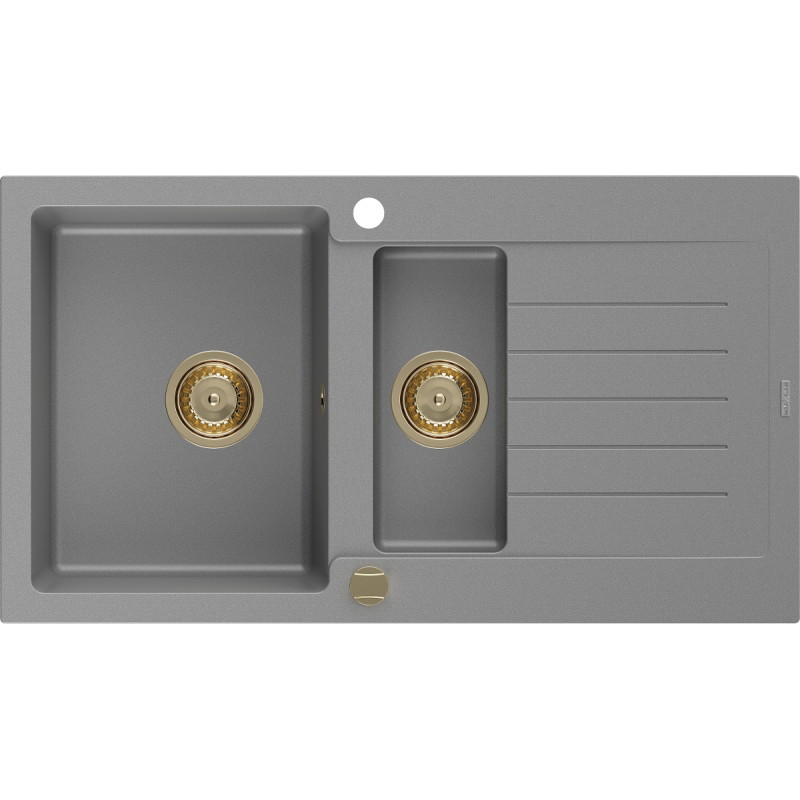 Mexen Matias chiuvetă de granit cu 1,5 compartimente cu scurgător 900 x 505 mm, gri, sifon auriu - 6502901505-71-G