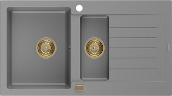 Mexen Matias 1,5-kamrás gránit mosogató csepegtetővel 900 x 505 mm, szürke, arany szifon - 6502901505-71-G