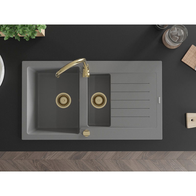Mexen Matias chiuvetă din granit cu 1,5 compartimente și scurgător 900 x 505 mm, gri, sifon auriu - 6502901505-71-G