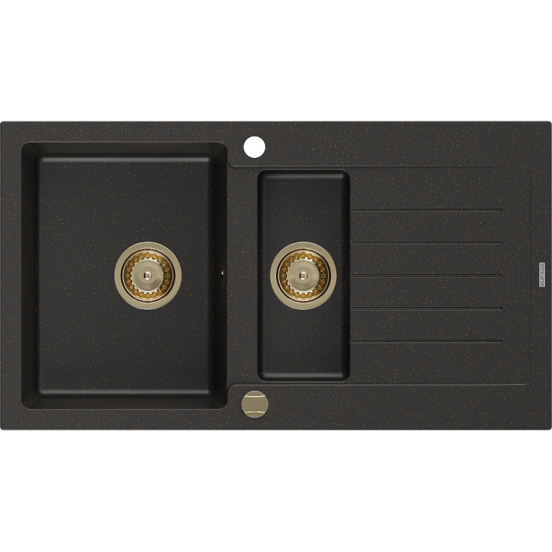 Mexen Matias chiuvetă de bucătărie din granit cu 1,5 cuve și picurător 900 x 505 mm, negru/auriu metalic, sifon auriu