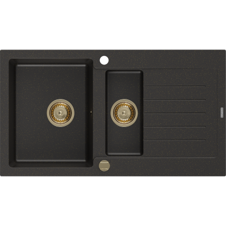 Mexen Matias chiuvetă de bucătărie din granit cu 1,5 cuve și picurător 900 x 505 mm, negru/auriu metalic, sifon auriu