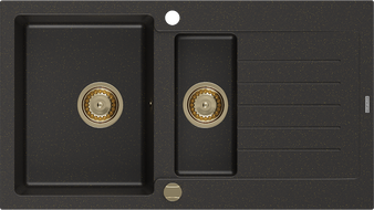 Mexen Matias chiuvetă de bucătărie din granit cu 1,5 cuve și picurător 900 x 505 mm, negru/auriu metalic, sifon auriu