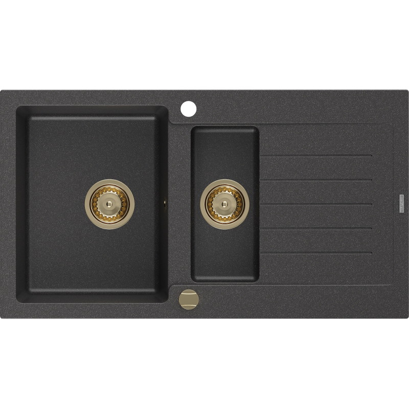 Mexen Matias 1,5 rekeszes gránit mosogató csepegtetővel 900 x 505 mm, fekete pettyes, arany szifon - 6502901505-76-G