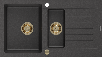 Mexen Matias chiuvetă din granit cu 1,5 cuve și picurător 900 x 505 mm, negru cu pete, sifon auriu - 6502901505-76-G