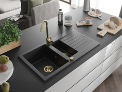 Mexen Matias chiuvetă de granit cu 1,5 compartiment cu picurător 900 x 505 mm, Neagră, sifon Auriu - 6502901505-77-G