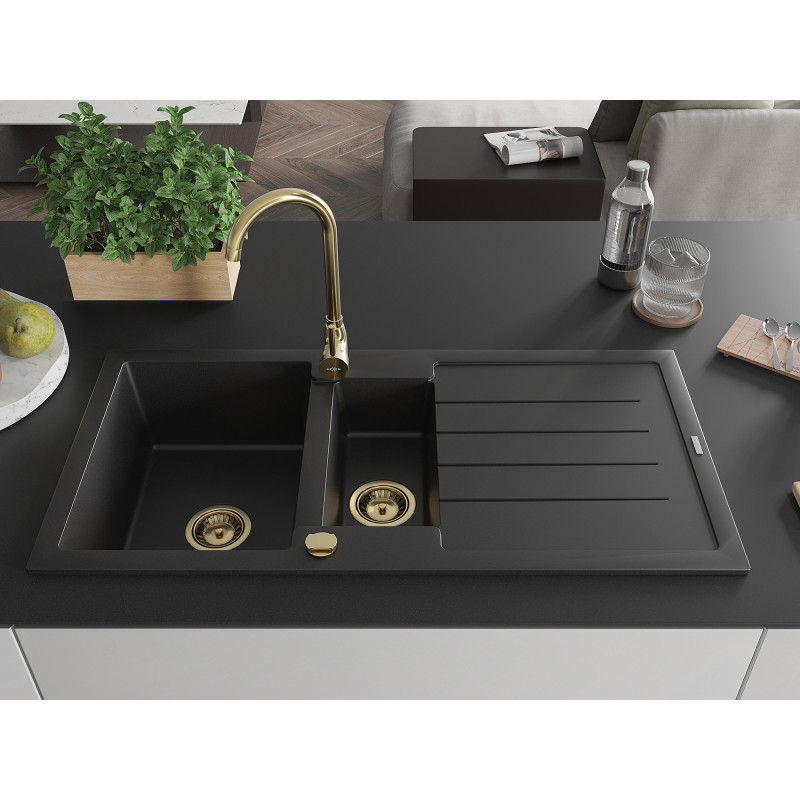 Mexen Andres chiuvetă granit 1,5 compartimente cu scurgător 1000 x 500 mm negru, sifon auriu - 6515101510-77-G