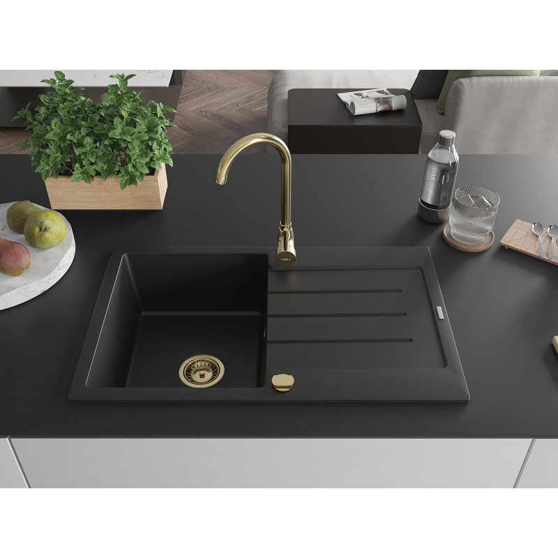 Mexen Bruno 1 rekeszes, csepegtetővel ellátott gránit mosogató 795 x 495 mm, fekete, arany szifonnal - 6513791010-77-G
