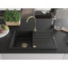 Mexen Bruno chiuvetă de granit cu 1 compartiment și scurgător 795 x 495 mm, negru, sifon auriu - 6513791010-77-G