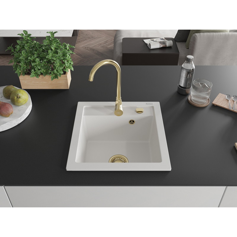 Mexen Vito 1-medencés gránit mosogató 520 x 490 mm, fehér, arany szifon - 6503521000-20-G