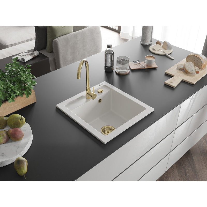 Mexen Vito gránit mosogató 1-medencés 520 x 490 mm, fehér, arany szifon - 6503521000-20-G