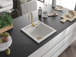 Mexen Vito chiuvetă de granit cu 1 compartiment 520 x 490 mm, Albă, sifon Auriu - 6503521000-20-G
