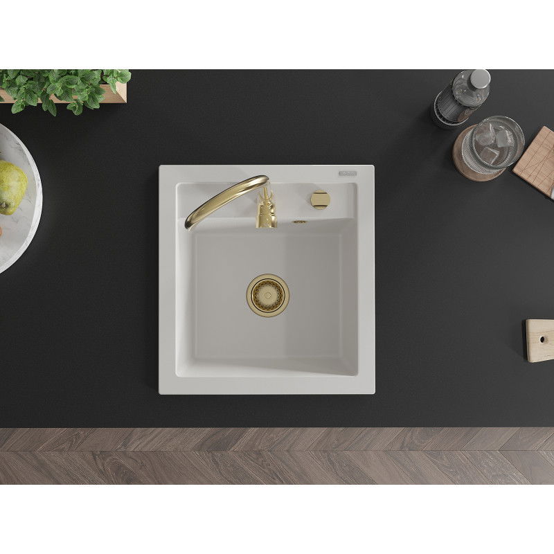 Mexen Vito gránit mosogatótál 1 rekeszes 520 x 490 mm, fehér, arany szifon - 6503521000-20-G