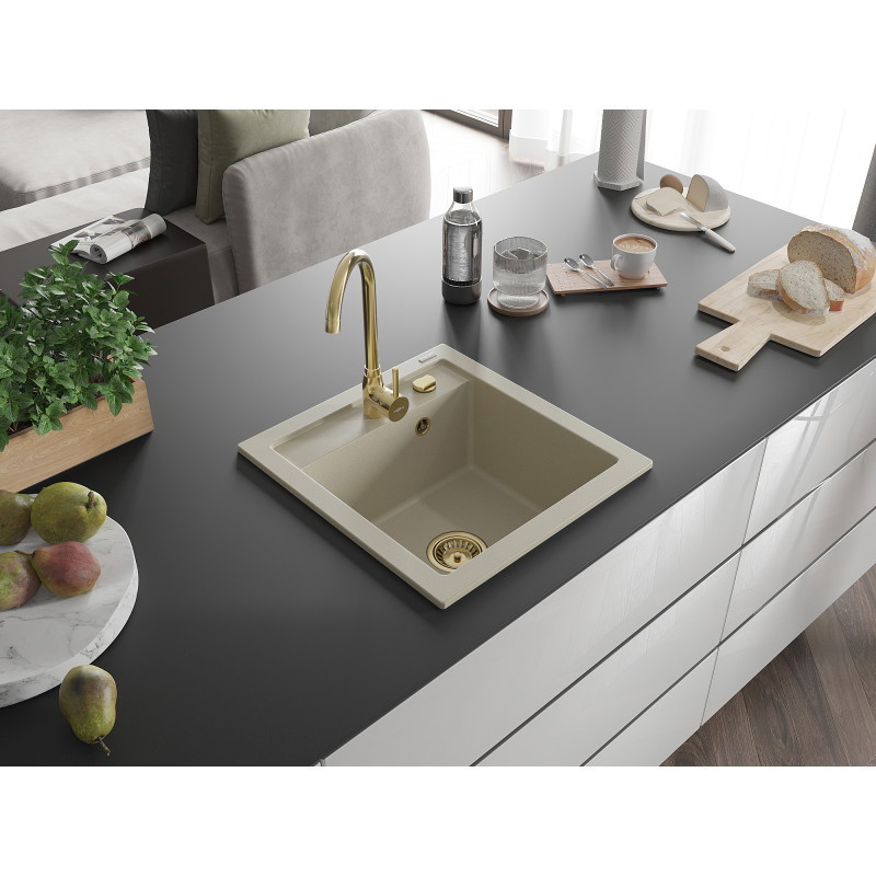Mexen Vito gránit 1-medencés mosogató 520 x 490 mm, bézs, arany szifon - 6503521000-69-G
