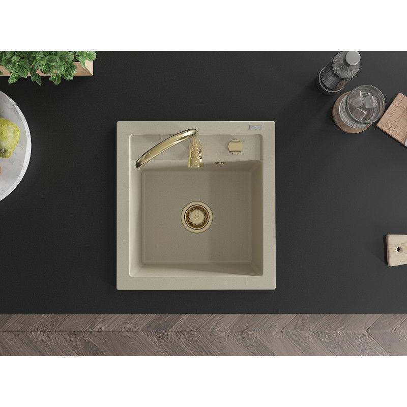Mexen Vito chiuvetă de granit cu 1 compartiment 520 x 490 mm, bej, sifon auriu - 6503521000-69-G