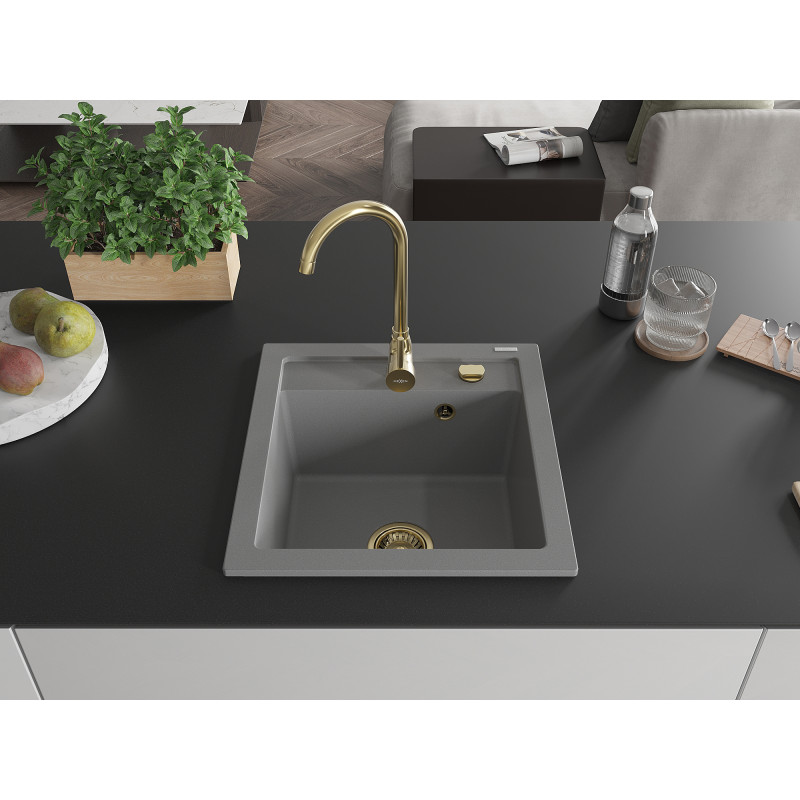 Mexen Vito chiuvetă de granit cu o singură cuvă 520 x 490 mm, gri, sifon auriu - 6503521000-71-G