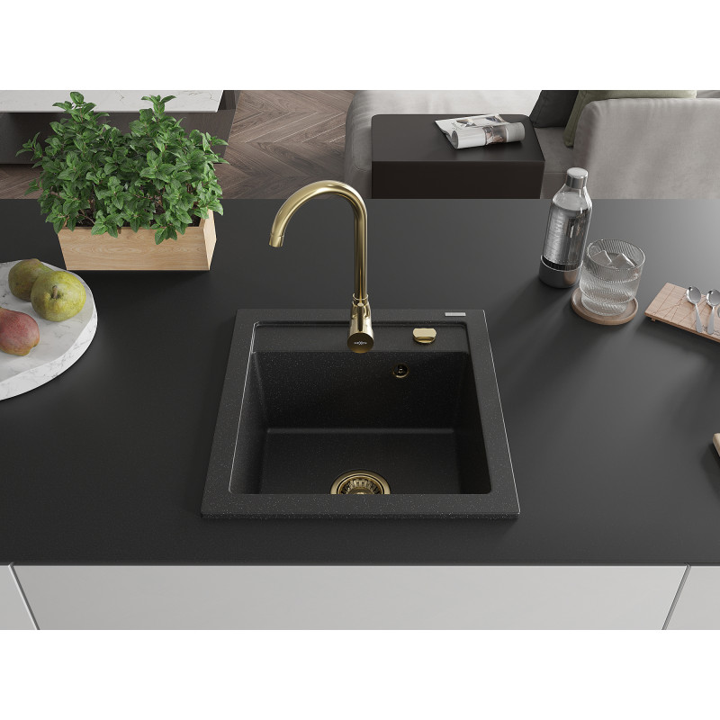 Mexen Vito gránit mosogató 1-medencés 520 x 490 mm, fekete/ezüst metál, arany szifon - 6503521000-73-G