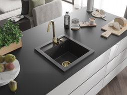Mexen Vito 1 kamrás gránit mosogató 520 x 490 mm, fekete pöttyös, arany szifon - 6503521000-76-G
