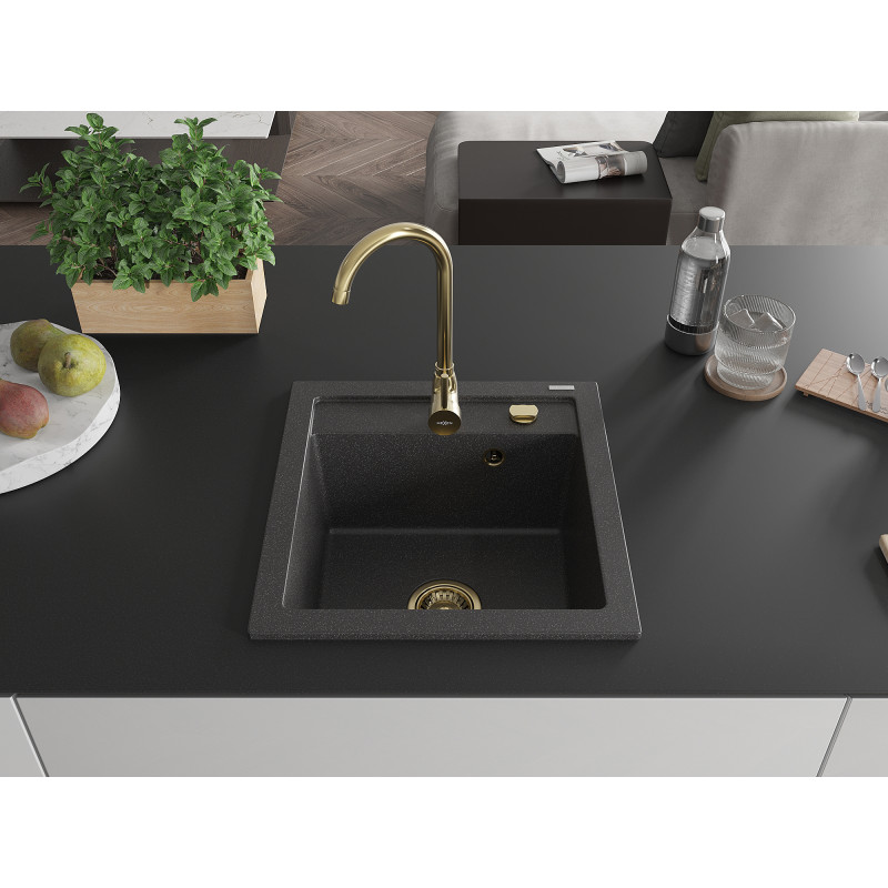 Mexen Vito chiuvetă din granit cu o cuvă 520 x 490 mm, negru pătat, sifon auriu - 6503521000-76-G