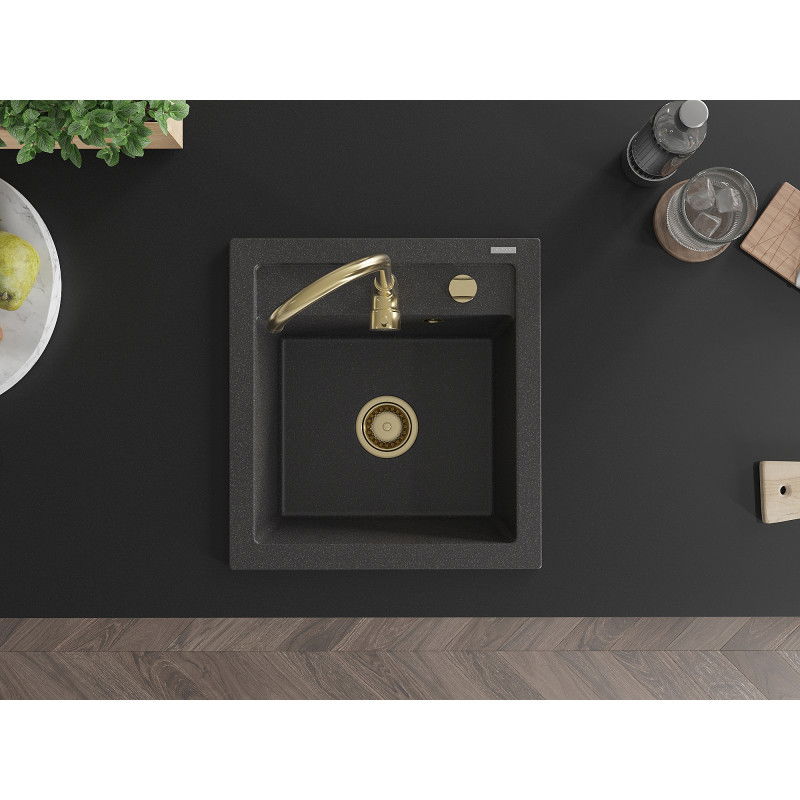 Mexen Vito chiuvetă de granit cu 1 compartiment 520 x 490 mm, negru cu stropi, sifon auriu - 6503521000-76-G