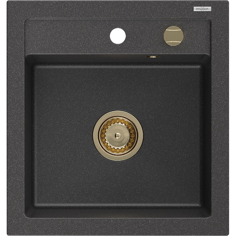 Mexen Vito chiuvetă granitică 1-cameră 520 x 490 mm, negru cu particule, sifon auriu - 6503521000-76-G