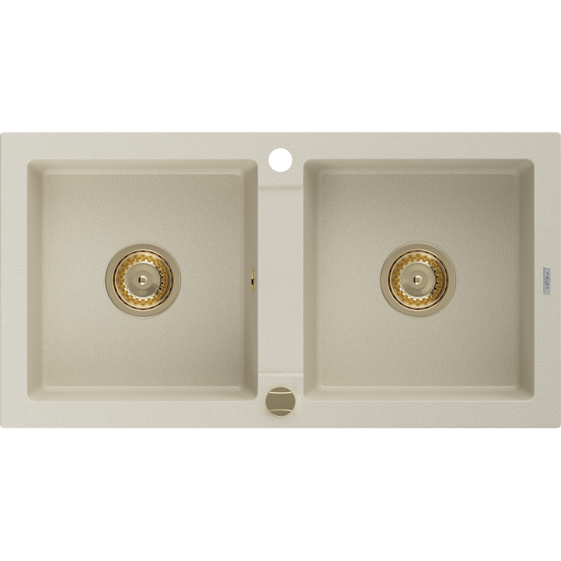 Mexen Mario chiuvetă de bucătărie din granit cu 2 compartimente 820 x 436 mm, bej, sifon auriu - 6504822000-69-G
