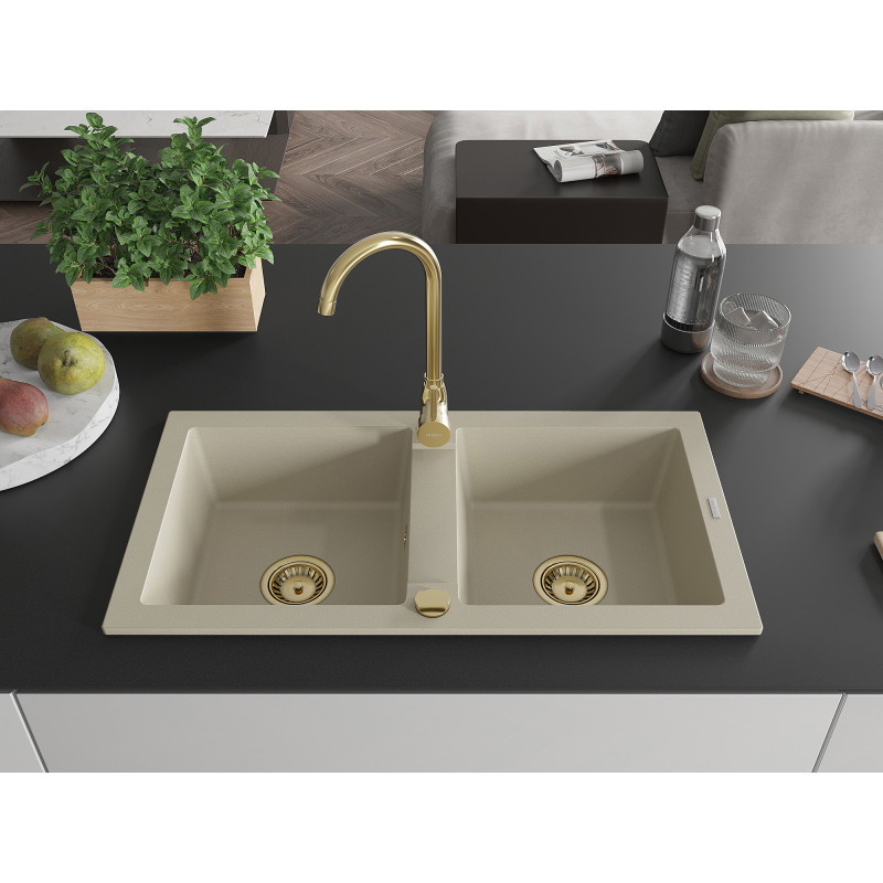 Mexen Mario chiuvetă de bucătărie din granit cu 2 compartimente 820 x 436 mm, bej, sifon auriu - 6504822000-69-G