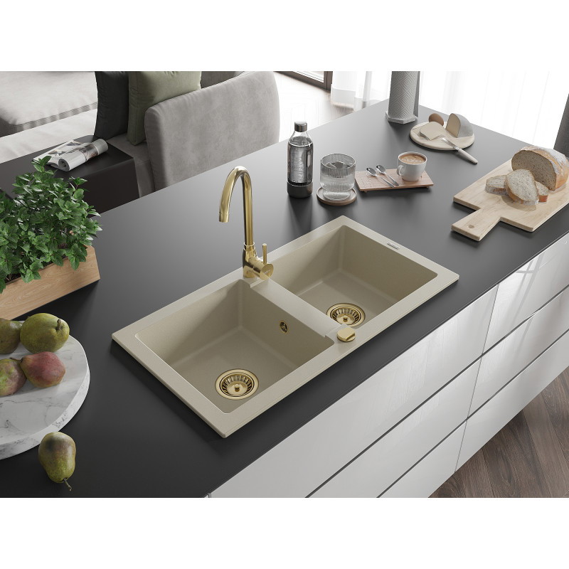 Mexen Mario chiuvetă de bucătărie din granit cu 2 compartimente 820 x 436 mm, bej, sifon auriu - 6504822000-69-G