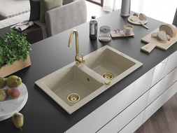 Mexen Mario Chiuvetă de granit cu 2 compartimente 820 x 436 mm, Bej, sifon Auriu - 6504822000-69-G