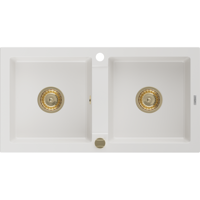 Mexen Mario chiuvetă de bucătărie din granit cu 2 compartimente 820 x 436 mm, alb, sifon auriu - 6504822000-20-G