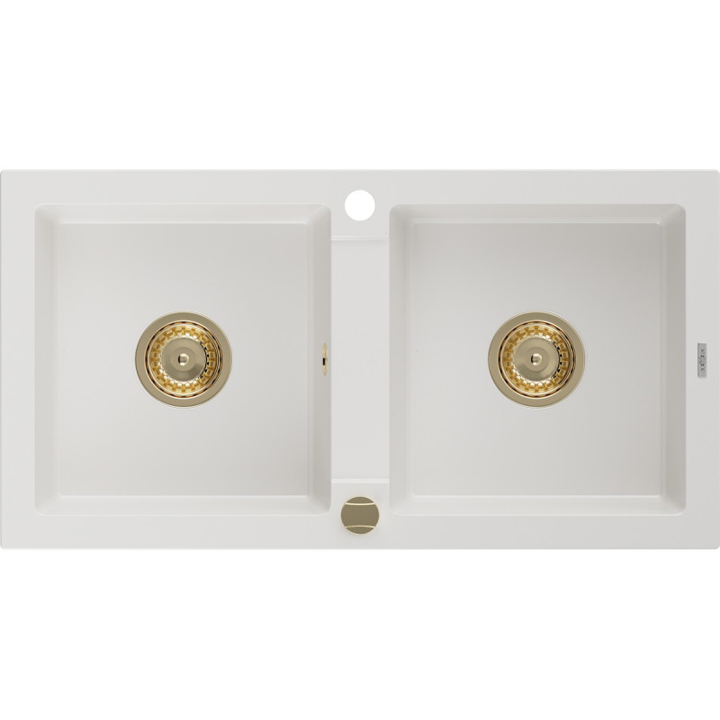 Mexen Mario gránit 2-medencés mosogató 820 x 436 mm, fehér, arany szifon - 6504822000-20-G