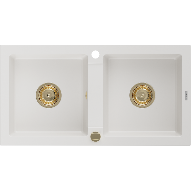 Mexen Mario kétmedencés gránit mosogató 820 x 436 mm, fehér, arany szifon - 6504822000-20-G